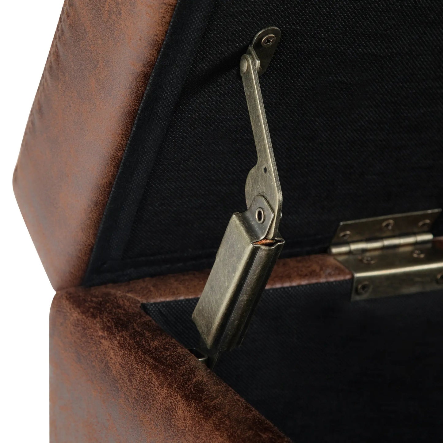 Avalon Storage Ottoman Bench close-up with metal hinge on black fabric on Tampa Home & Garden Store