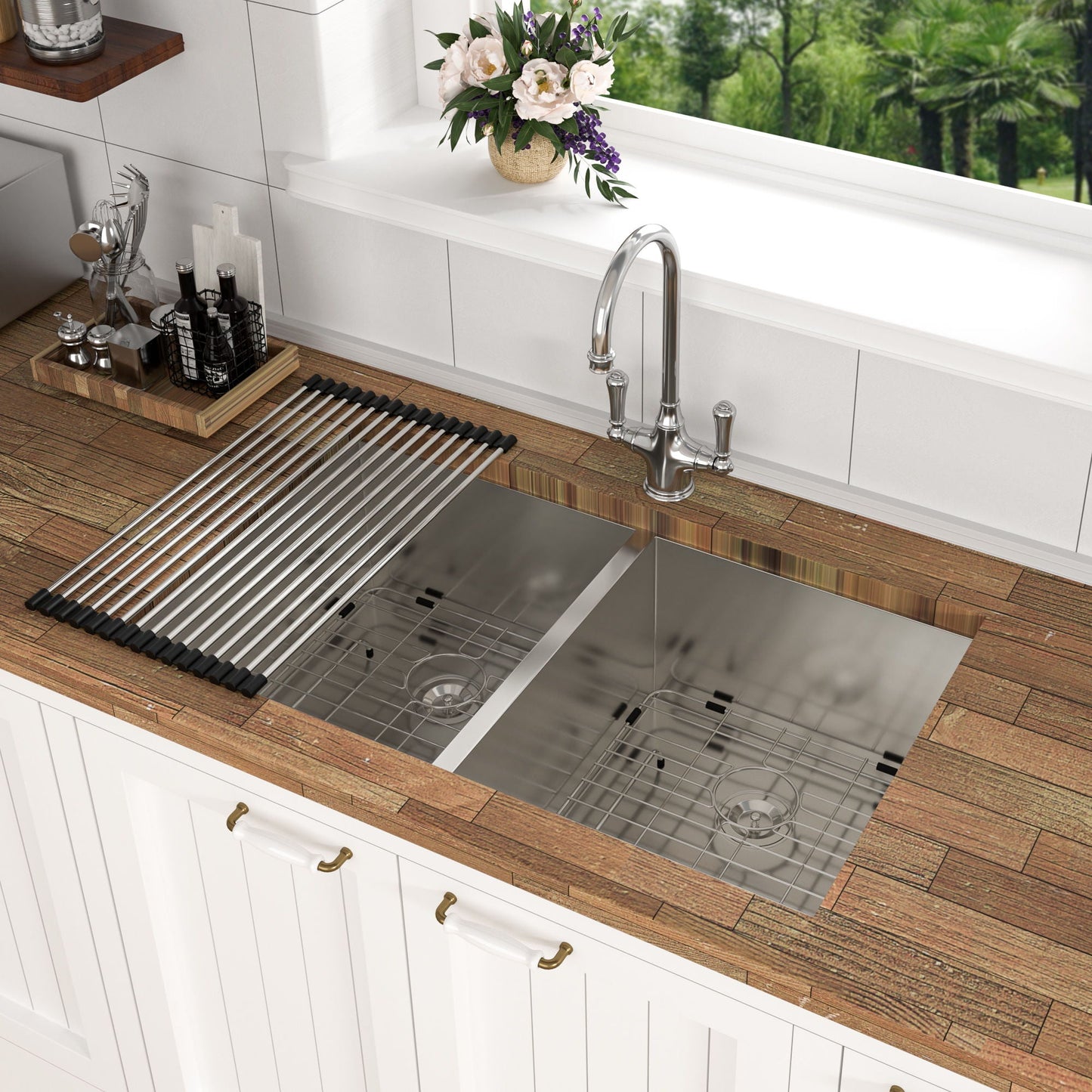 Undermount Double Bowl Sink and Brushed Nickel