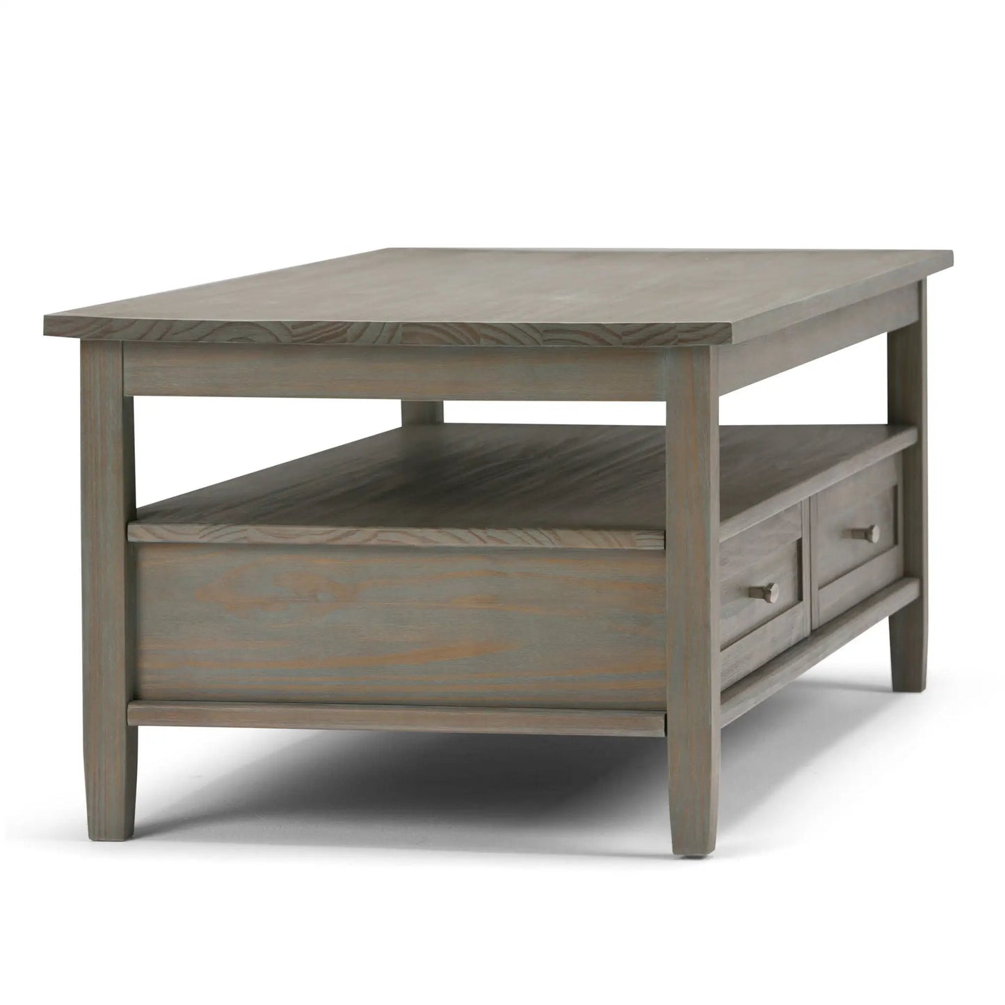 Warm Shaker handcrafted coffee table in graywashed wood with open lower shelf and drawers on Tampa Home & Garden Store