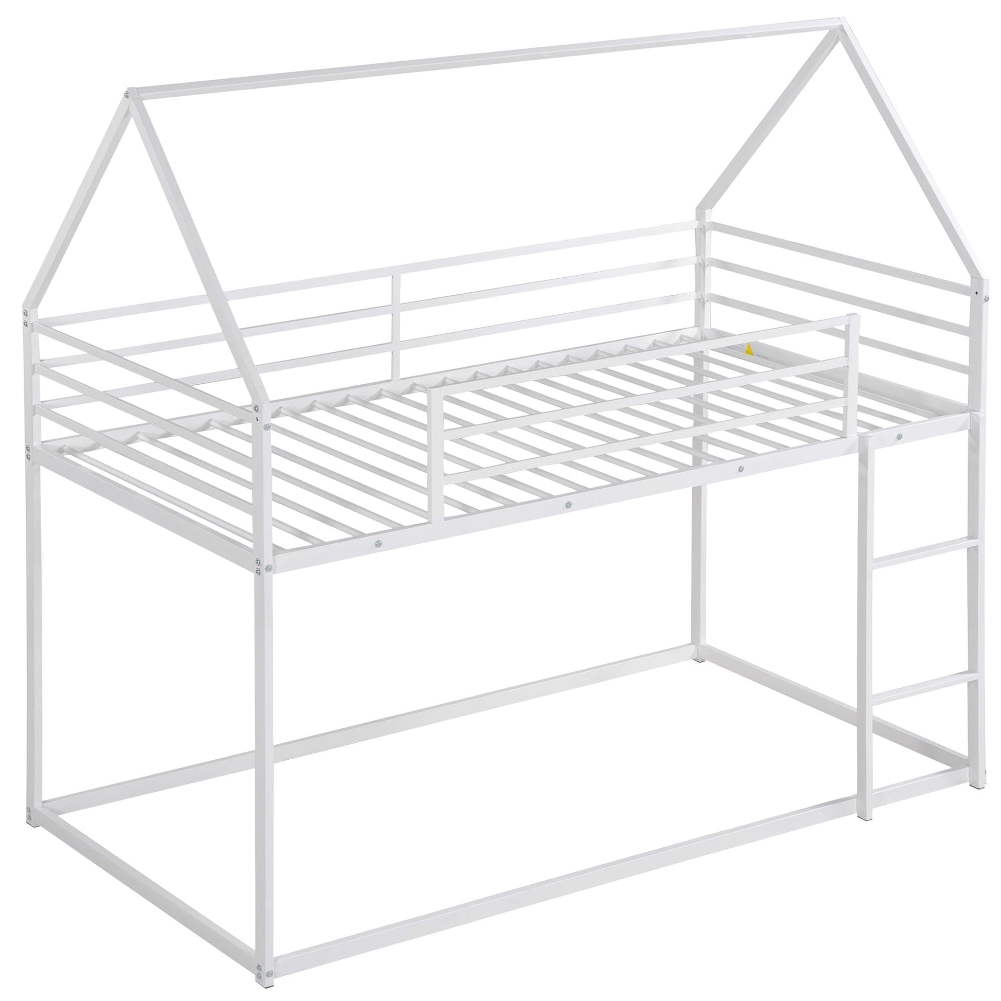 HouseOfZazla white metal bunk bed with built-in ladder and guard rails on Tampa Home & Garden Store
