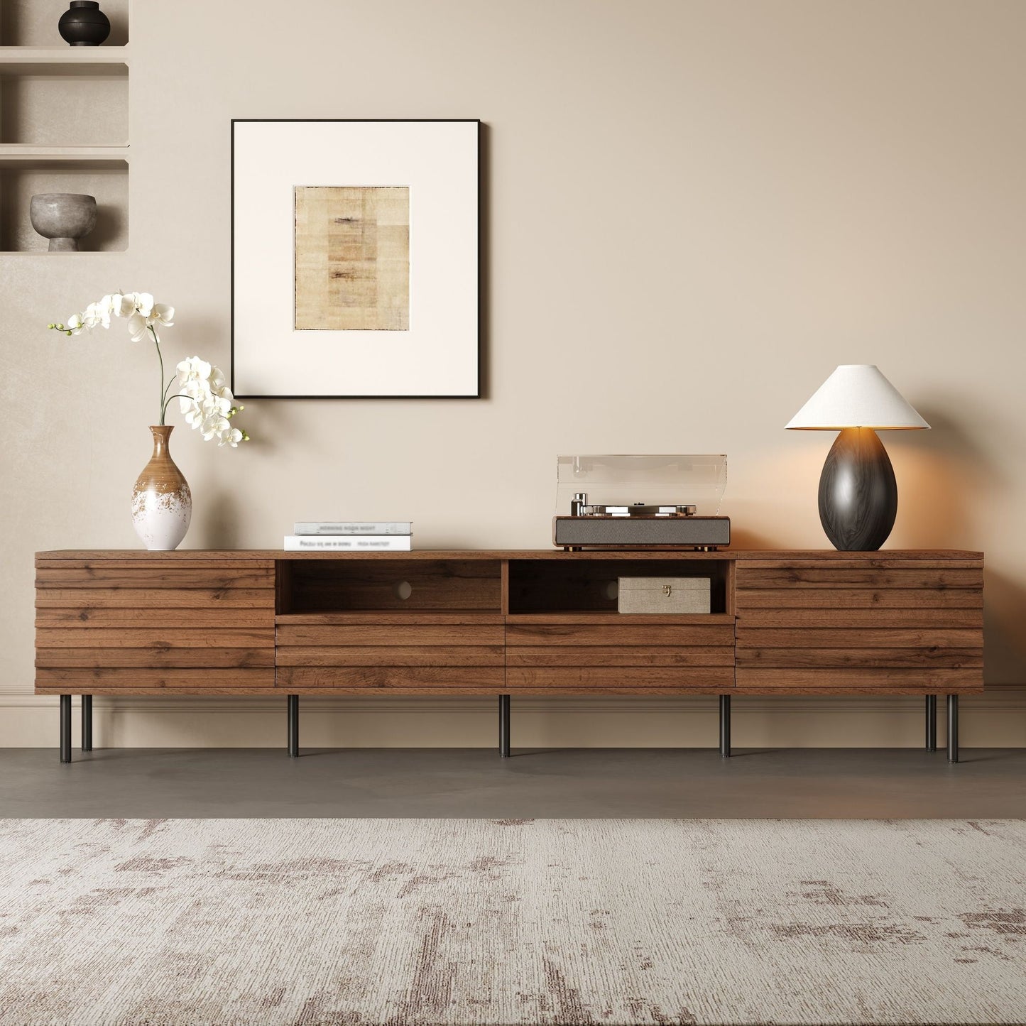 Walnut TV stand for TVs up to 85 inches with closed storage and soft closing hinges on Tampa Home & Garden Store