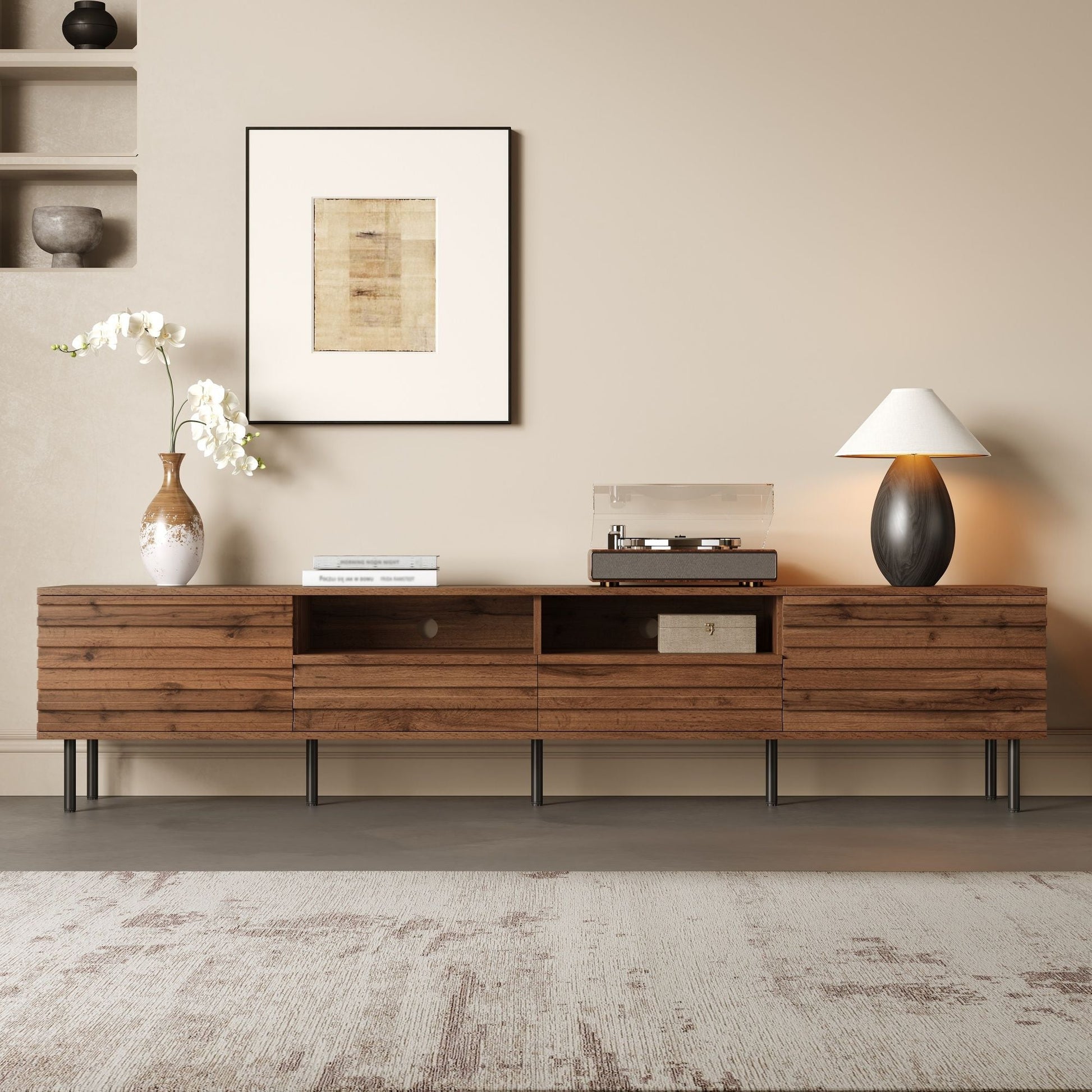 Walnut TV stand for TVs up to 85 inches with closed storage and soft closing hinges on Tampa Home & Garden Store