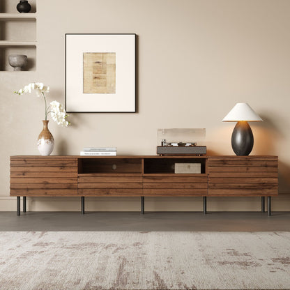 Walnut TV stand for TVs up to 85 inches with closed storage and soft closing hinges on Tampa Home & Garden Store