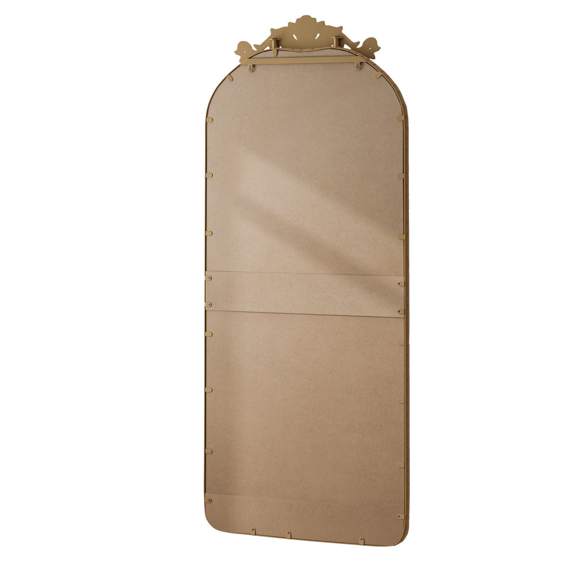 Back view of a full-body arched wall mirror with vintage carved bronze applique topper on Tampa Home & Garden Store