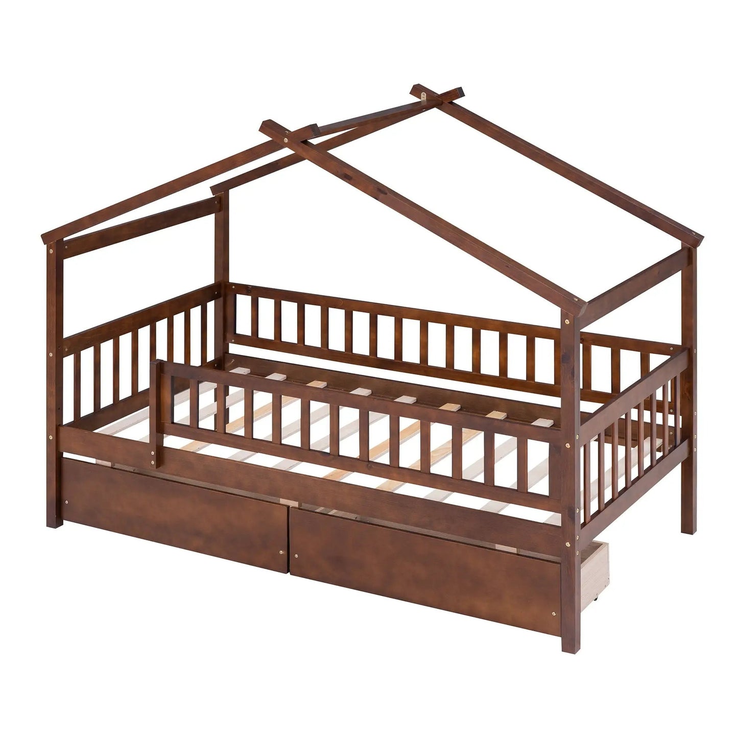 House bed with 2 drawers in dark brown wood with slatted sides on Tampa Home & Garden Store