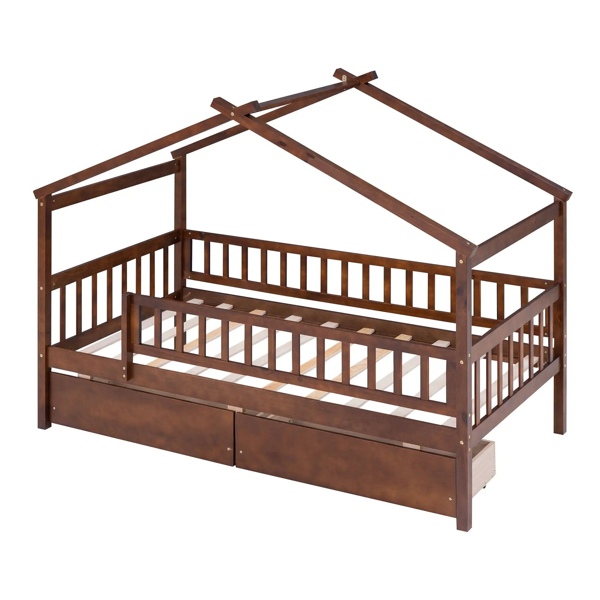 House bed with 2 drawers in dark brown wood with slatted sides on Tampa Home & Garden Store