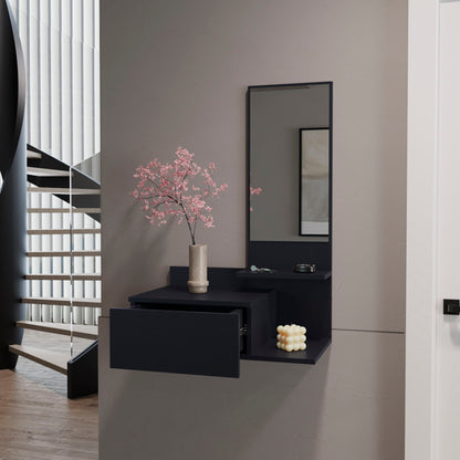Lowell Floating Hallway Cabinet and leaning mirror in black with stacked drawers in modern foyer on Tampa Home & Garden Store
