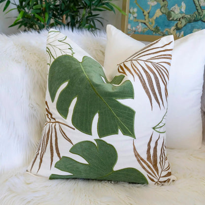Autumn Vibes Leaf Accent Pillow green leaf print on white fabric by Unique Piece Furniture on Tampa Home & Garden Store