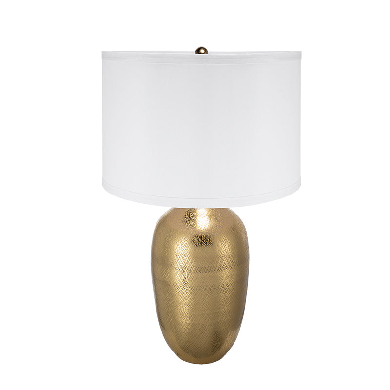 Table lamp with round gold hammered aluminum base and white fabric shade by HouseOfZazla on Tampa Home & Garden Store