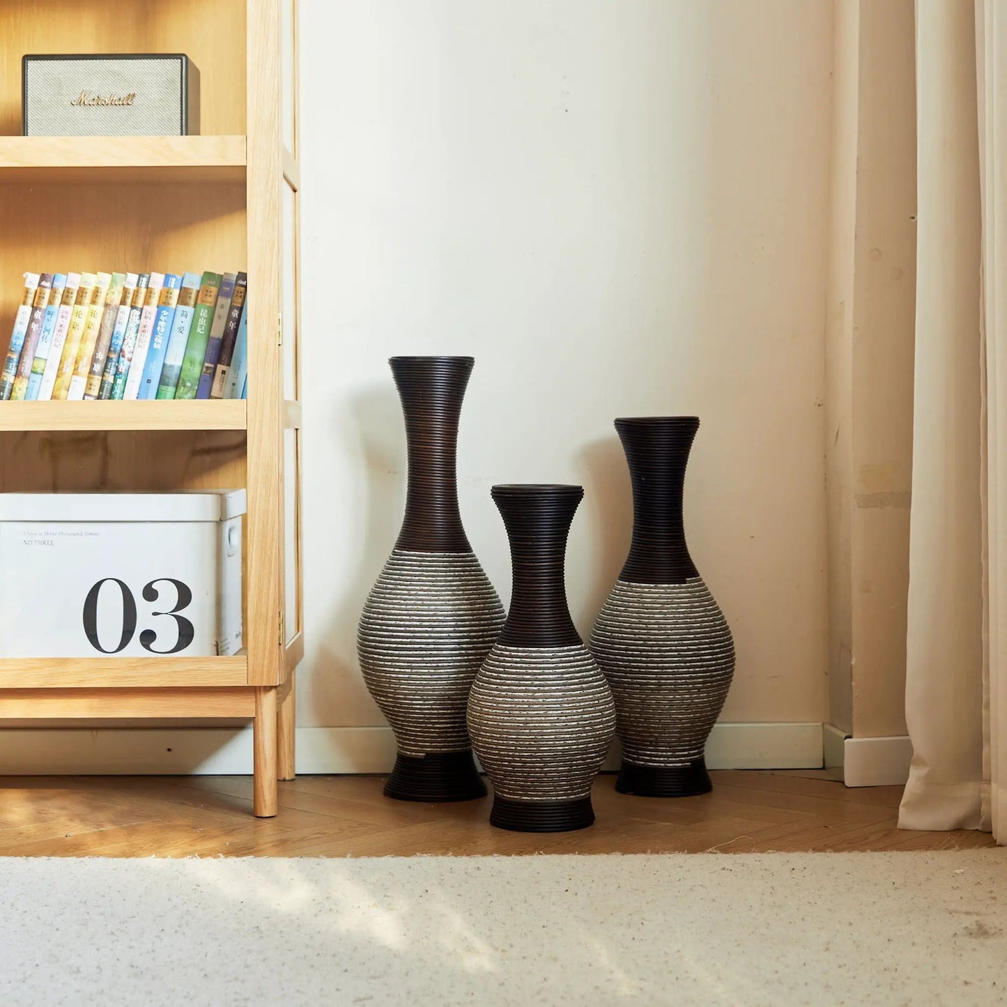 Tall 3-piece two-tone floor vase set, black/gray ribbed ceramic, Unique Piece Furniture on Tampa Home & Garden Store