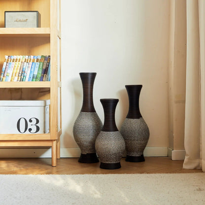 Tall 3-piece two-tone floor vase set, black/gray ribbed ceramic, Unique Piece Furniture on Tampa Home & Garden Store