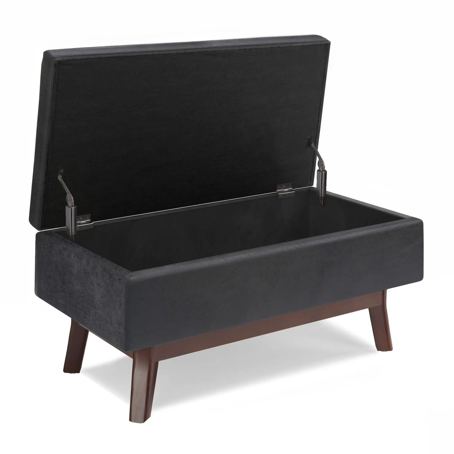 Owen Upholstered Rectangular Storage Ottoman in black fabric with hinged lid and wood legs on Tampa Home & Garden Store