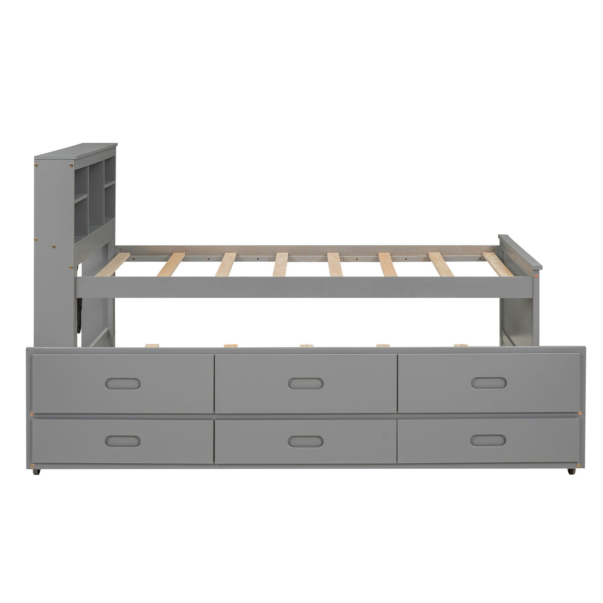 Gray platform bed with storage headboard, cubby shelves, 3-drawer foot unit and trundle on Tampa Home & Garden Store