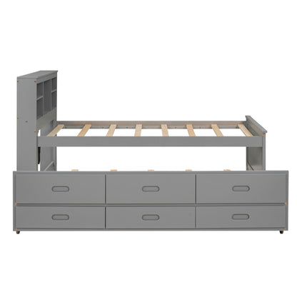 Gray platform bed with storage headboard, cubby shelves, 3-drawer foot unit and trundle on Tampa Home & Garden Store