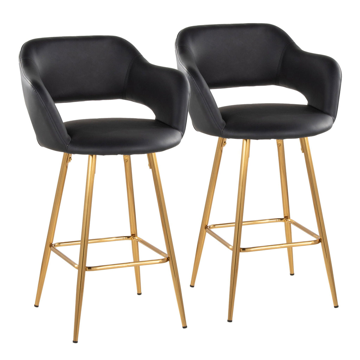 Contemporary fixed-height counter stools set of 2, black leather with gold legs and footrests on Tampa Home & Garden Store