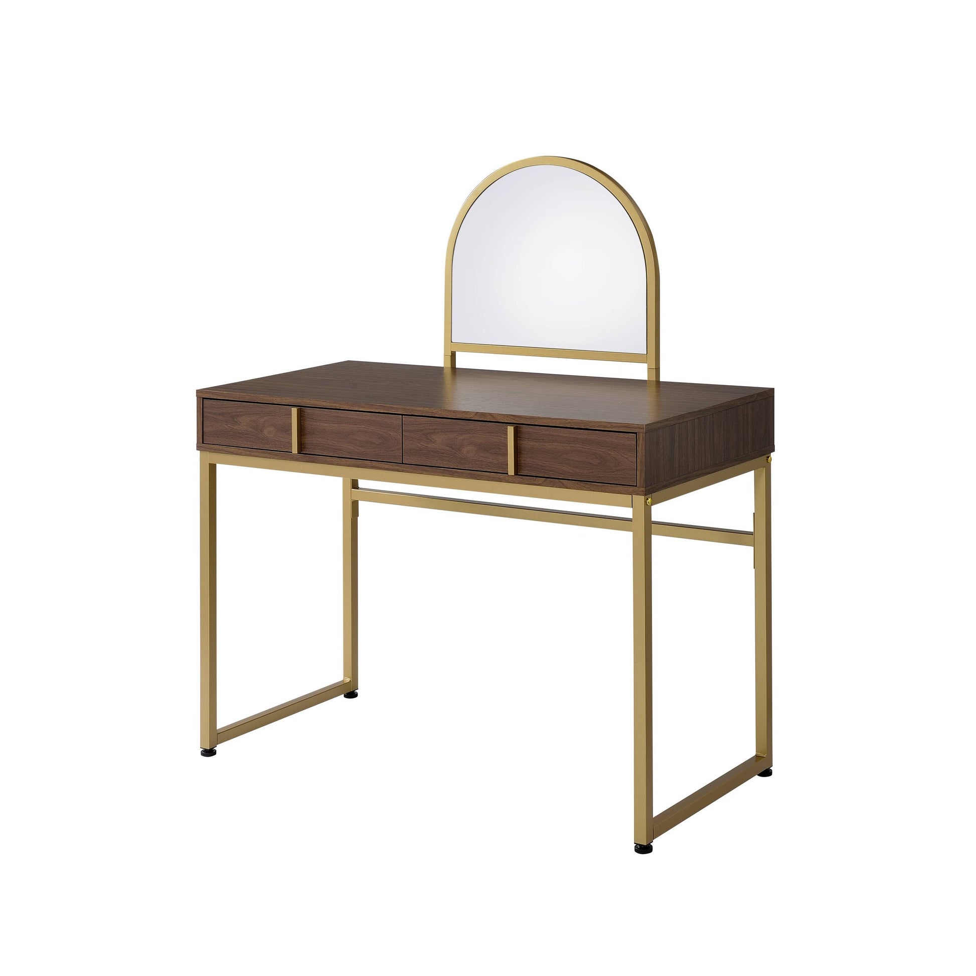 Coleen Walnut & Gold Vanity Desk with Mirror by HouseOfZazla, gold frame, jewelry tray on Tampa Home & Garden Store