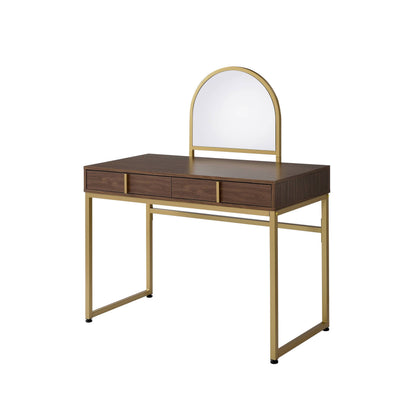 Coleen Walnut & Gold Vanity Desk with Mirror by HouseOfZazla, gold frame, jewelry tray on Tampa Home & Garden Store