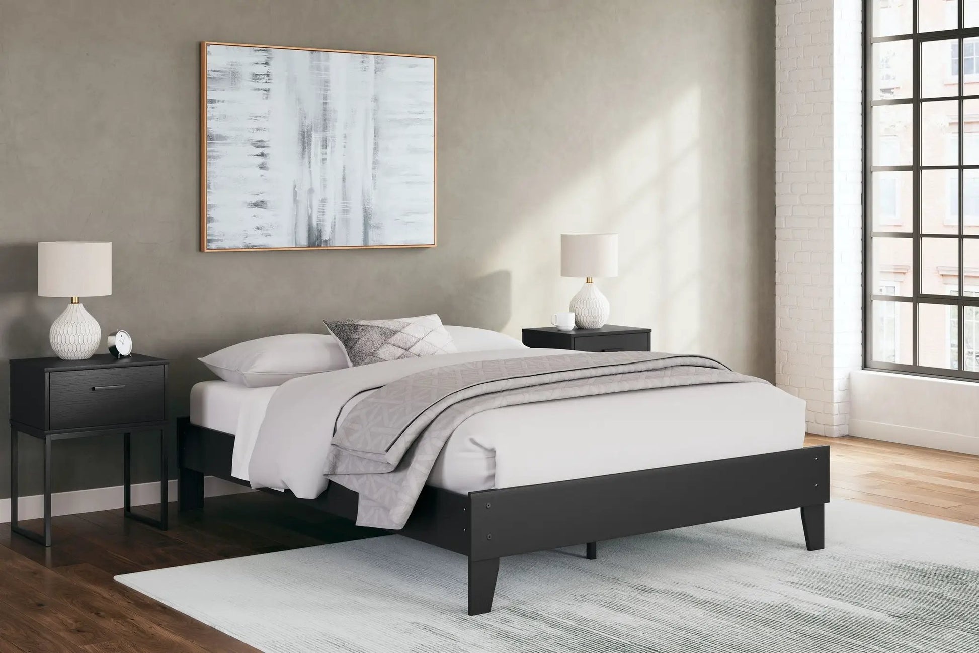 Socalle platform bed by Unique Piece Furniture in black wood with white bedding and two nightstands on Tampa Home & Garden Store