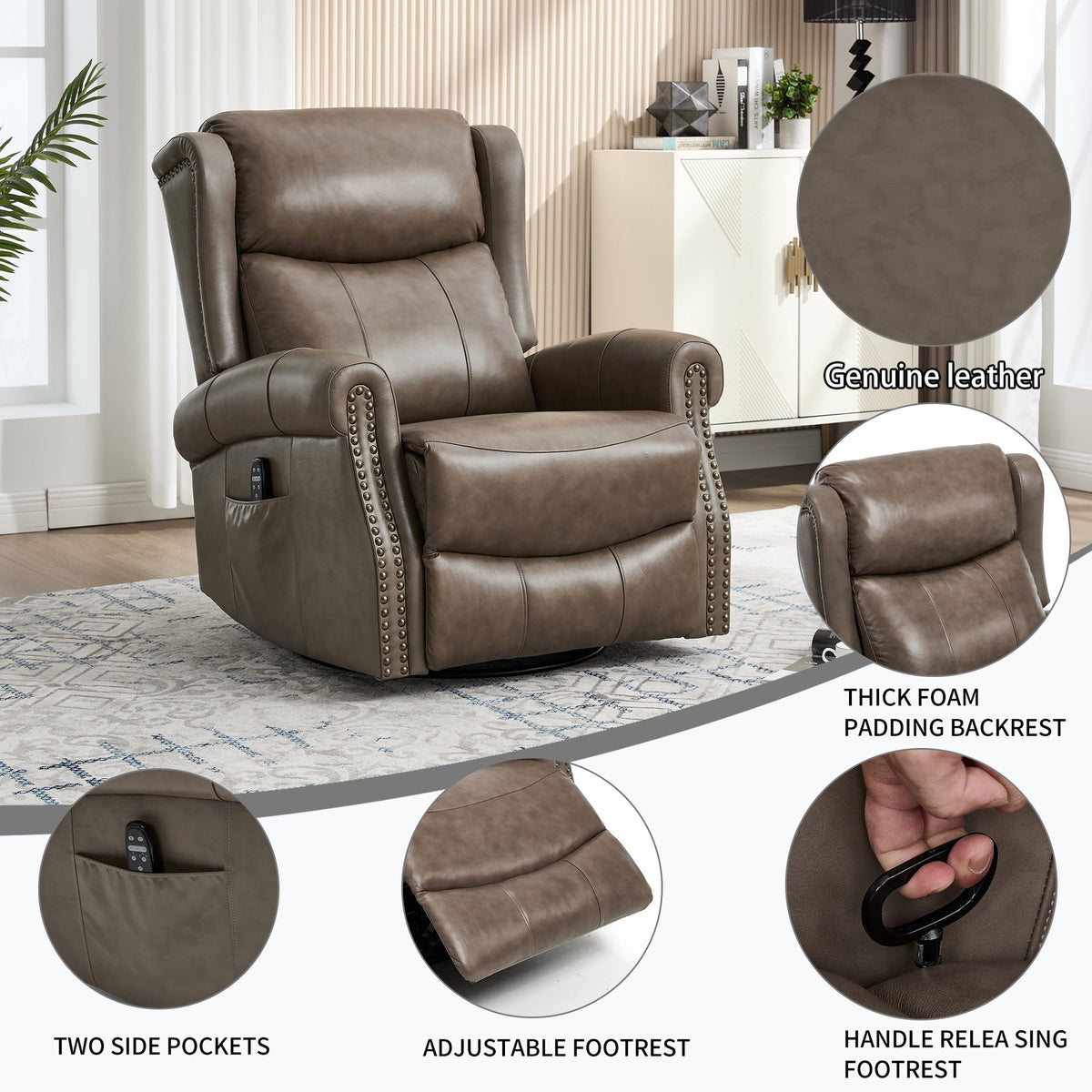 Heat Massage Manual Recliner Chair HouseOfZazla in brown genuine leather with nailhead trim on Tampa Home & Garden Store