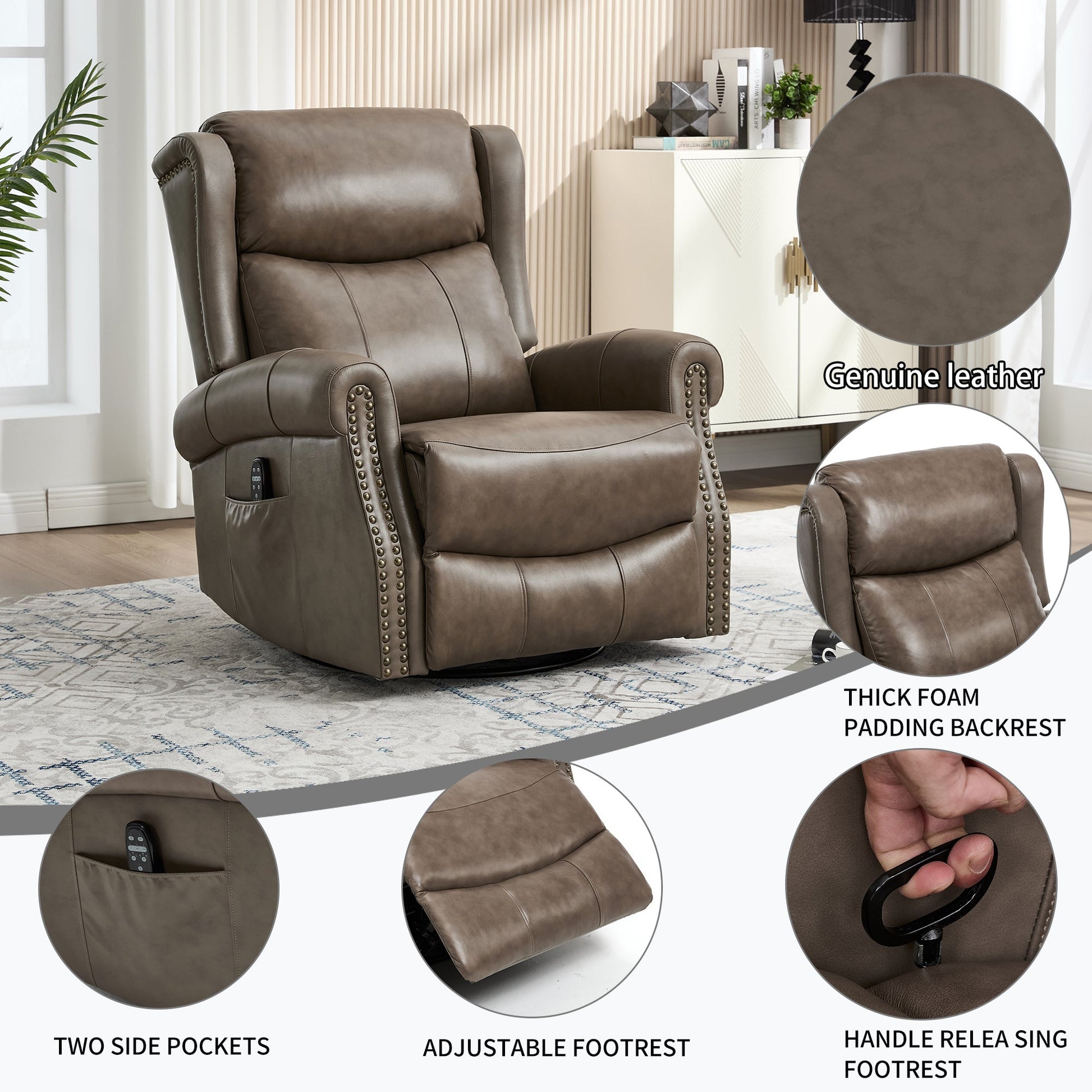Heat Massage Manual Recliner Chair HouseOfZazla in brown genuine leather with nailhead trim on Tampa Home & Garden Store