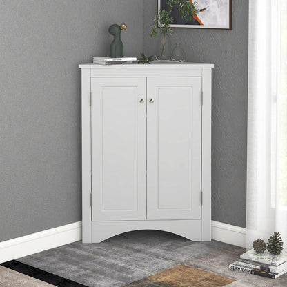 White freestanding linen cabinet with two doors and metal knobs on Tampa Home & Garden Store