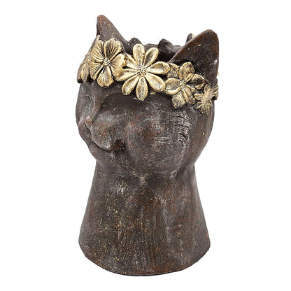 Cat statue planter with dark bronze finish and flower crown on Tampa Home & Garden Store