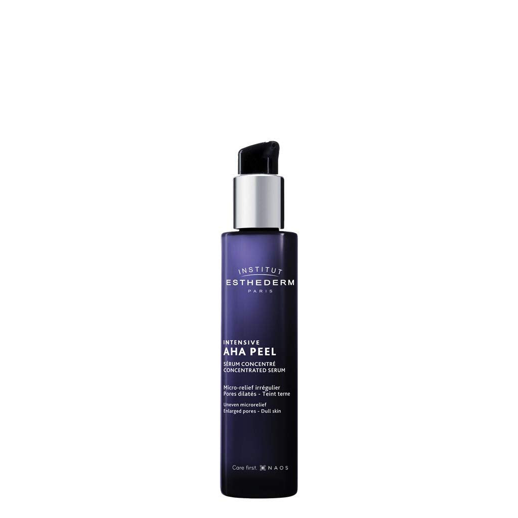 Institut Esthederm Intensive AHA Peel face serum bottle with pump, dark purple container and silver neck logo visible on Tampa Home & Garden Store