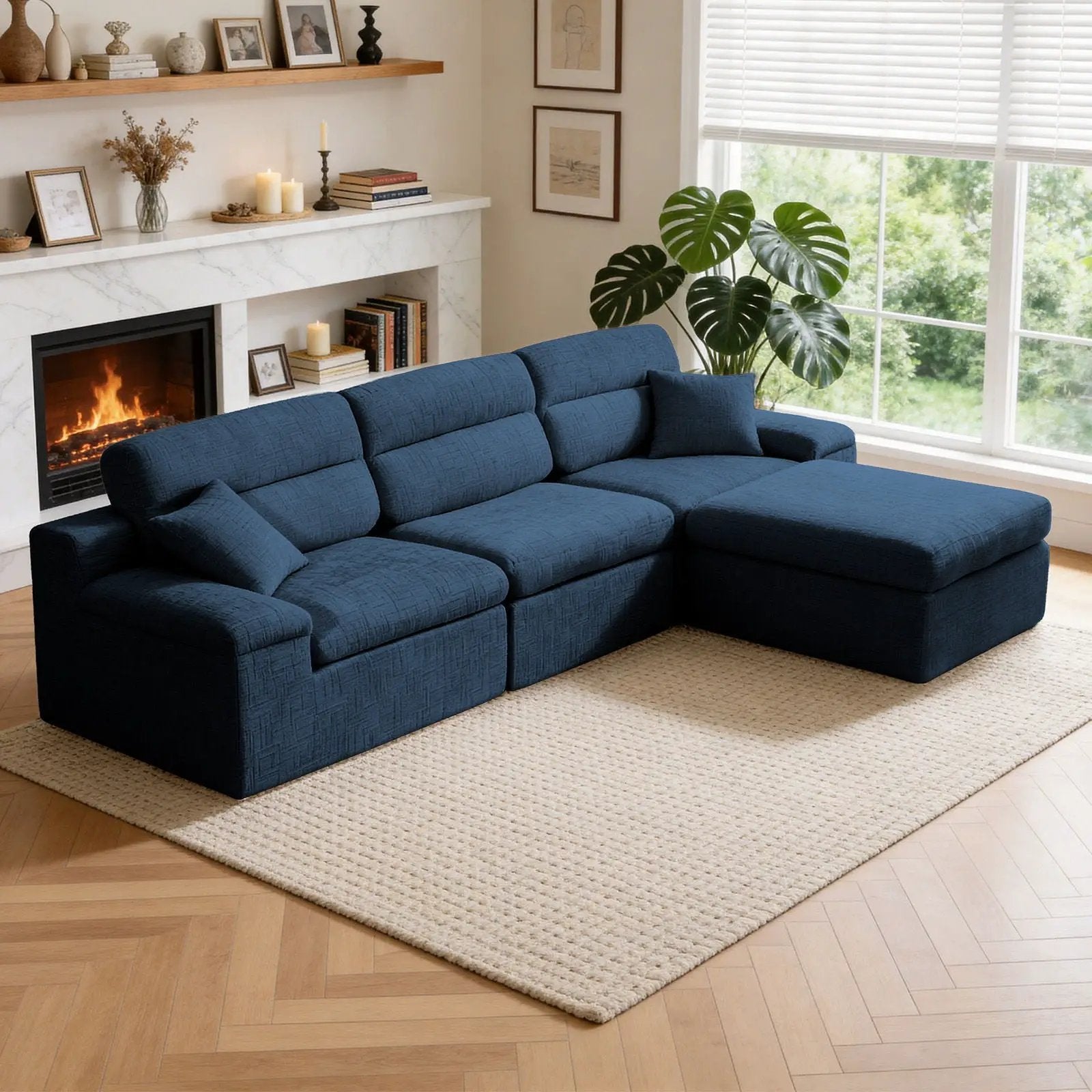Corner Chaise Sofa With High Backrest in navy blue fabric, 2-piece sectional on Tampa Home & Garden Store