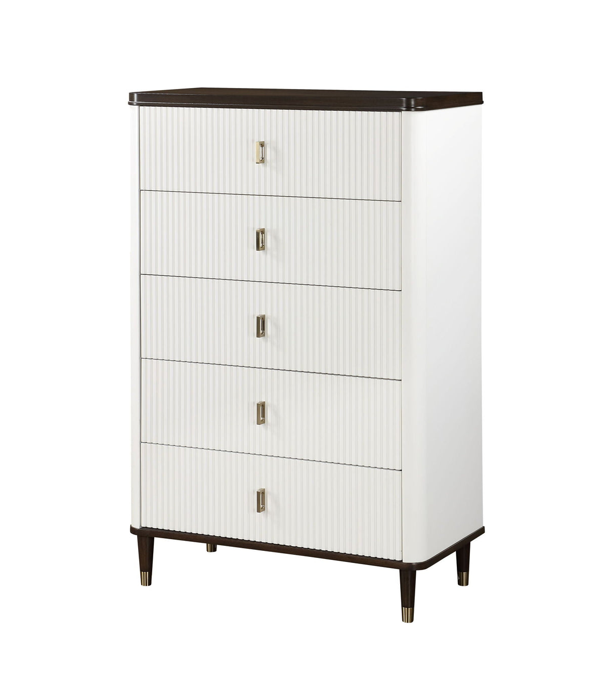 Carena Chest with Drawer Storage white ribbed fronts walnut top brass pulls tapered legs on Tampa Home & Garden Store