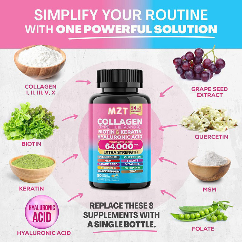 Perfecsy Collagen Capsule bottle with pink label and blue gradient amid ingredient icons on Tampa Home & Garden Store