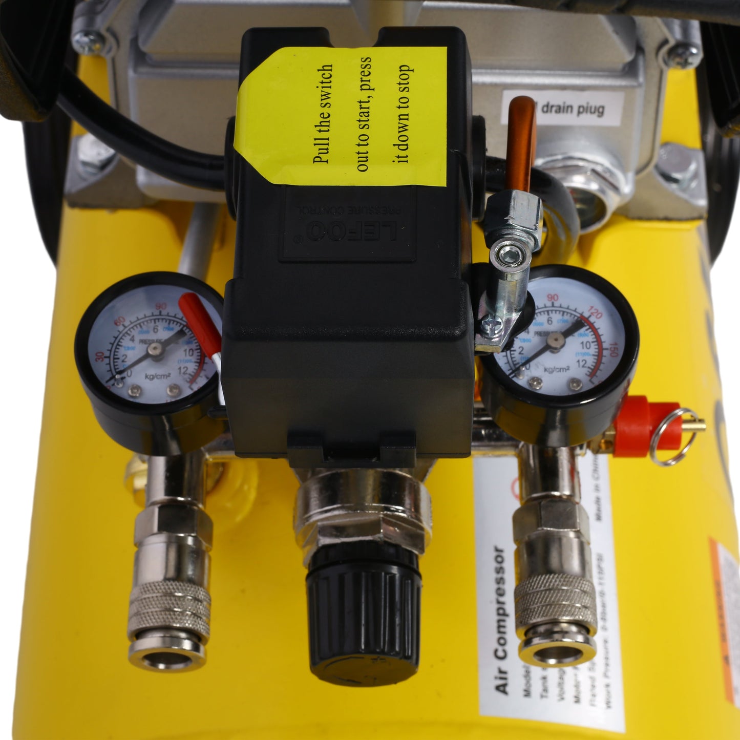 3.5HP portable oil-lubricated air compressor by HouseOfZazla, yellow with gauges and drain on Tampa Home & Garden Store