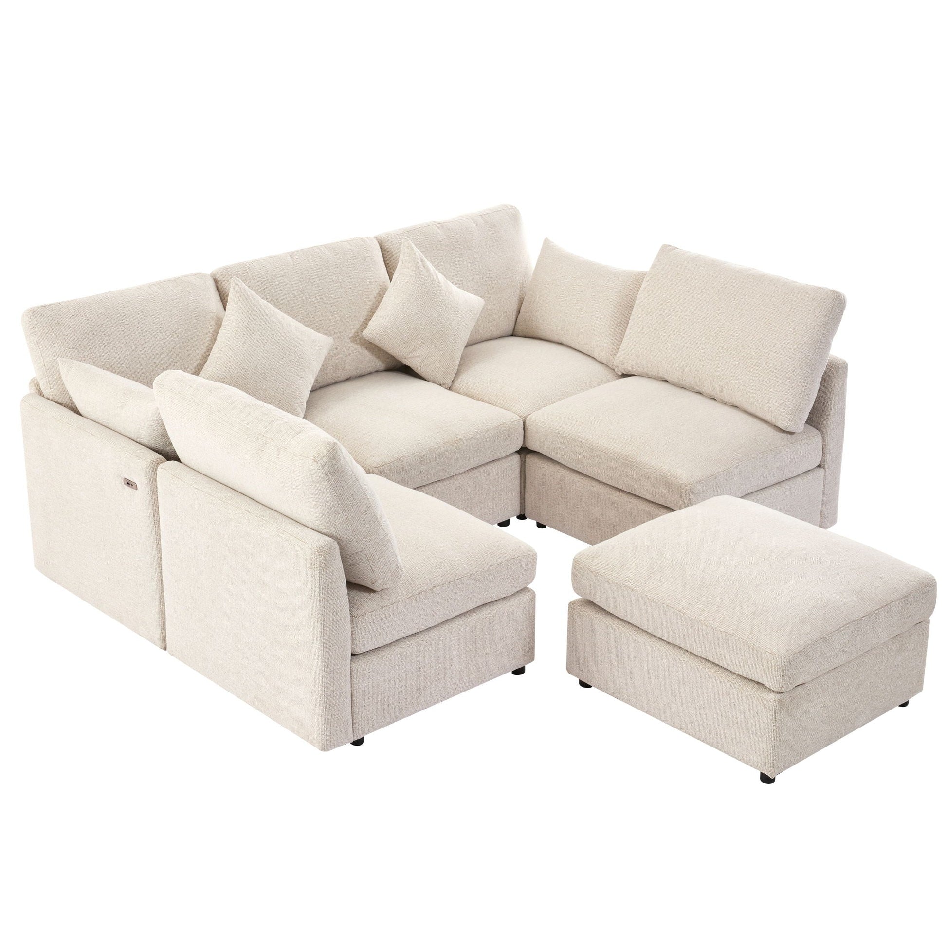 Beige modular sectional sofa with ottoman and USB ports, living room set by HouseOfZazla on Tampa Home & Garden Store