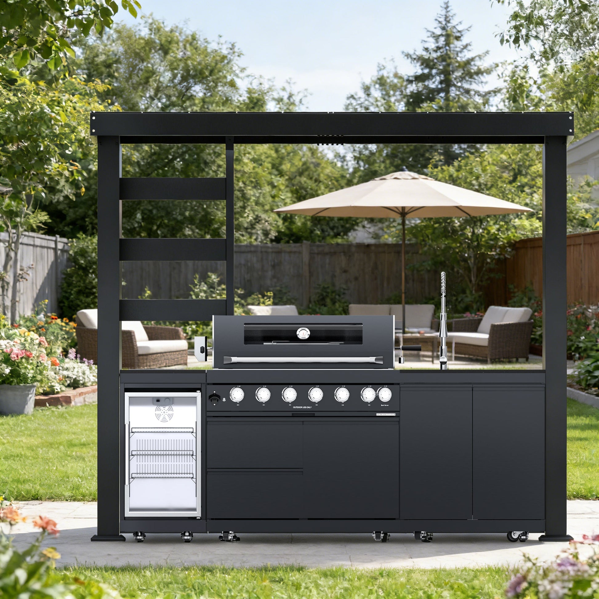 HouseOfZazla 108-Inch 6-Burner Deluxe Outdoor Kitchen Grill matte black with fridge and storage on Tampa Home & Garden Store