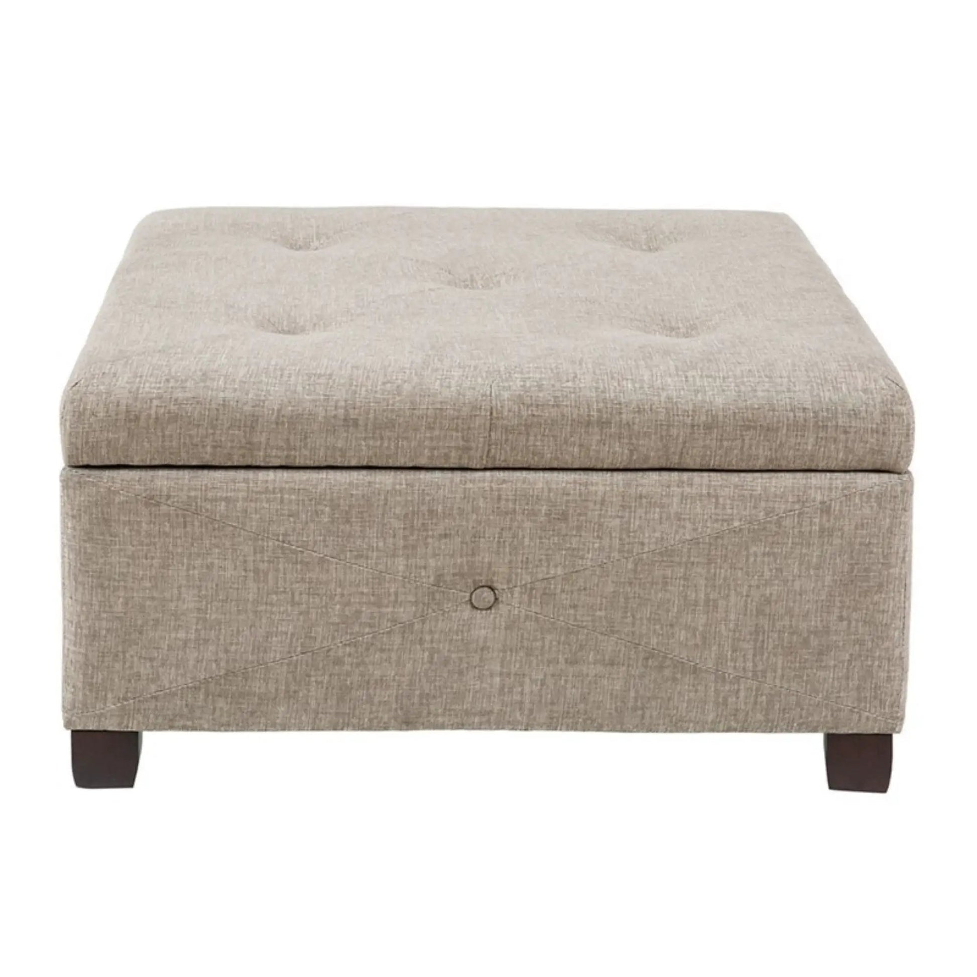 Aspen ottoman storage beige linen with tufted lid and dark wood legs on Tampa Home & Garden Store
