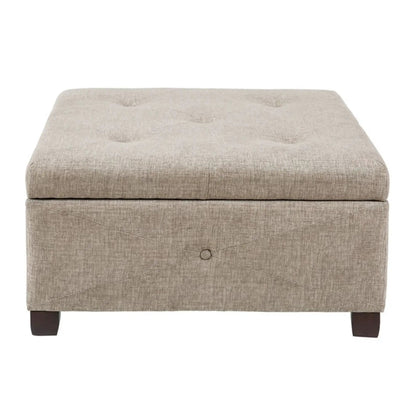 Aspen ottoman storage beige linen with tufted lid and dark wood legs on Tampa Home & Garden Store