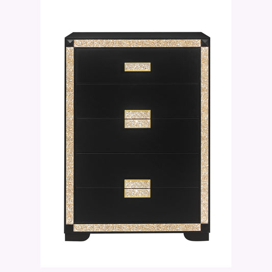 Lively black accent chest with glitter gold trim and thick rectangular bar pulls on Tampa Home & Garden Store