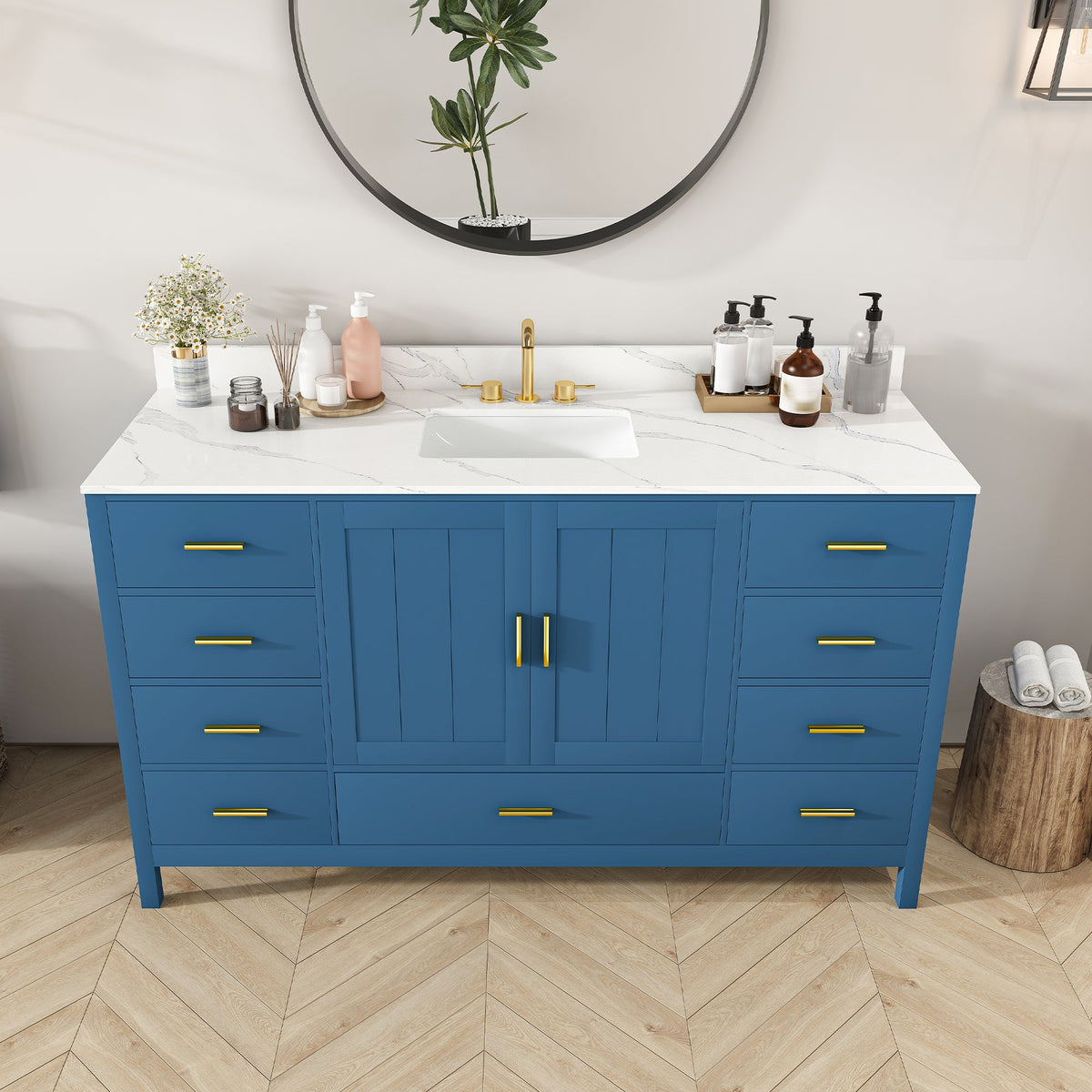 60-inch blue solid wood bathroom vanity with Carrara sink and marble countertop, gold hardware on Tampa Home & Garden Store