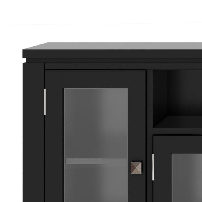 Wide handcrafted solid wood media stand with glass-front doors in black finish on Tampa Home & Garden Store