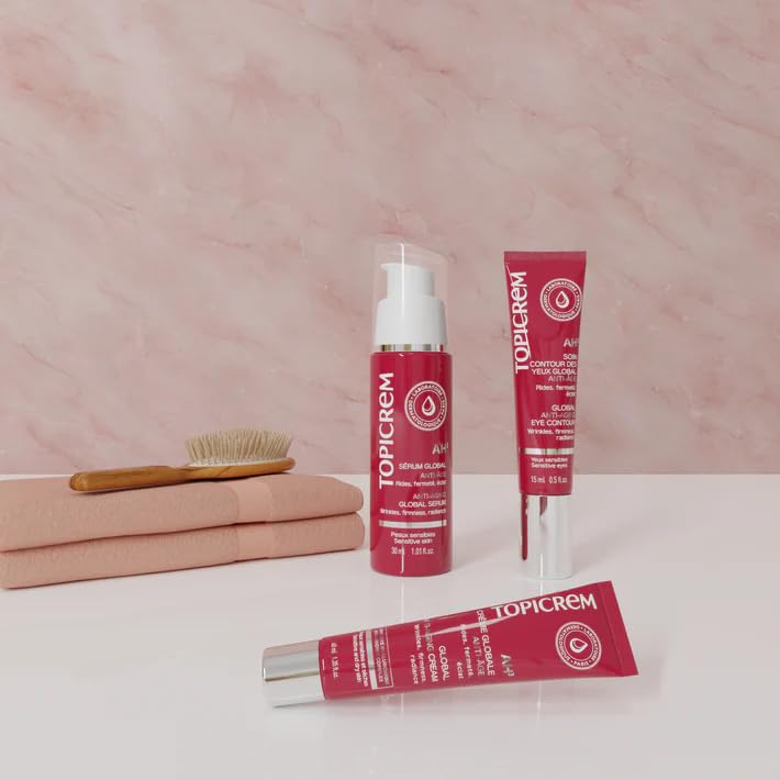 Face serum trio: Topicrem AH3 Global hydrating anti-aging serum with pump bottle and two tubes on Tampa Home & Garden Store