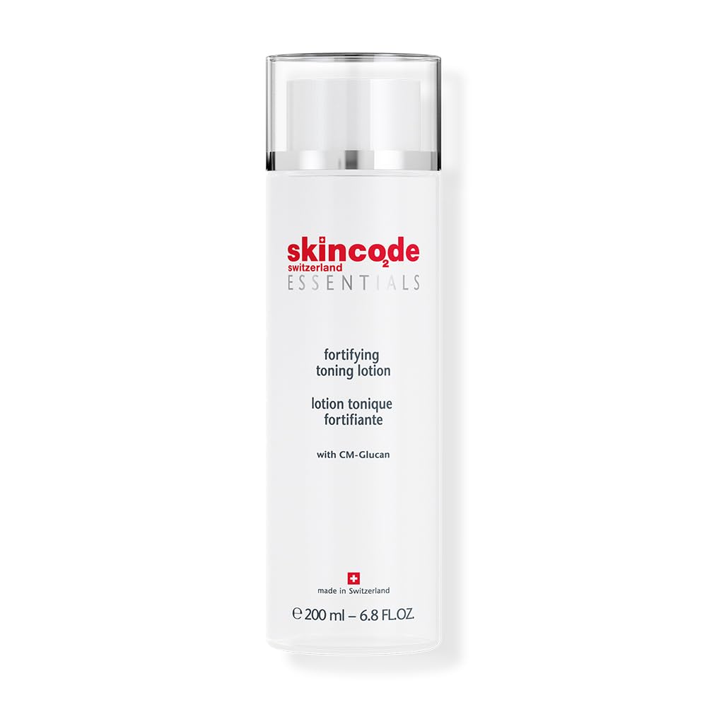 Fortifying toning lotion bottle by Skincode, white bottle, CM-Glucan makeup remover on Tampa Home & Garden Store