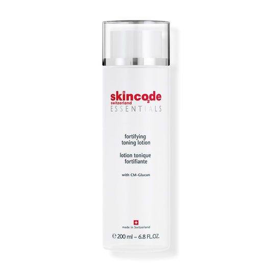 Fortifying toning lotion bottle by Skincode, white bottle, CM-Glucan makeup remover on Tampa Home & Garden Store