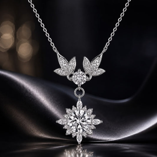 925 Silver Moissanite Pendant Necklace with pavé leaf wings and snowflake drop 40+5cm chain on Tampa Home & Garden Store
