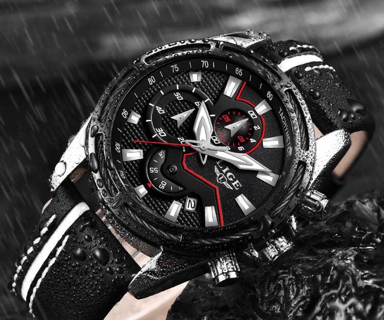 Waterproof men's sport watch with black dial, red accents, leather strap with stitching on Tampa Home & Garden Store