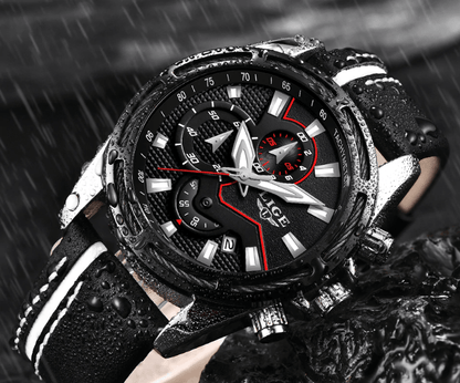 Waterproof men's sport watch with black dial, red accents, leather strap with stitching on Tampa Home & Garden Store