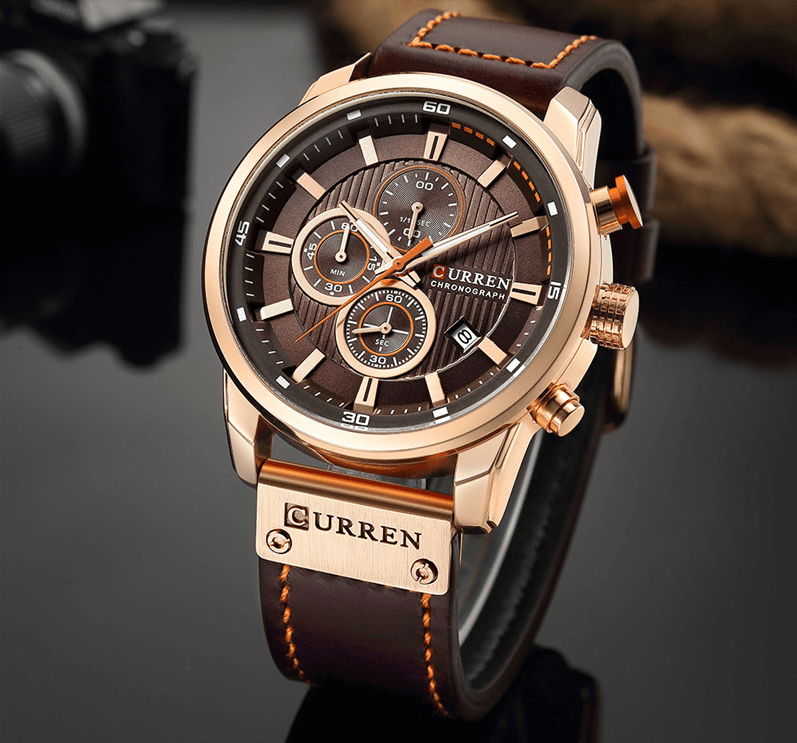 Curren men's chronograph watch with rose-gold case, hardlex glass and brown leather strap on Tampa Home & Garden Store