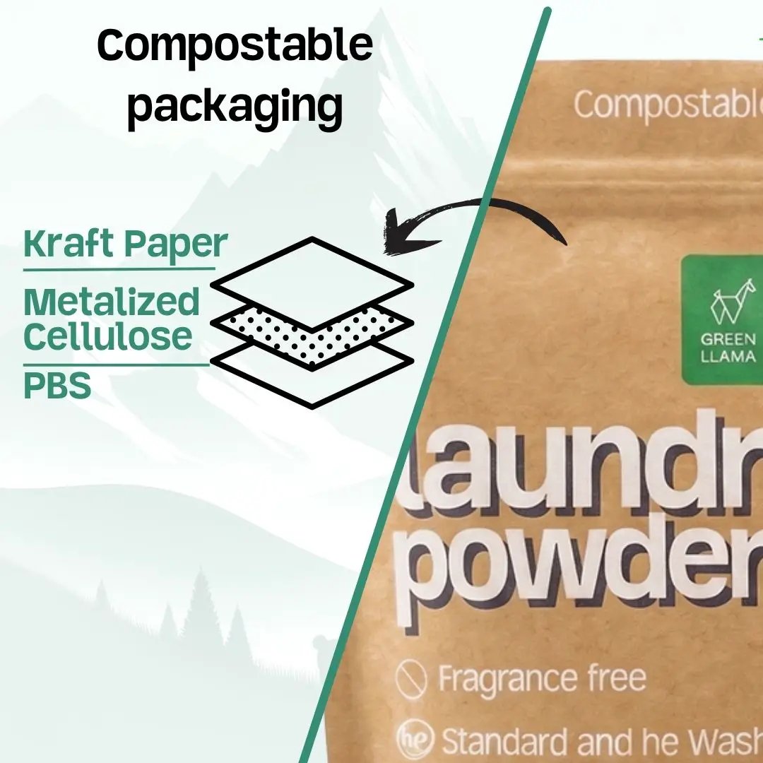 Laundry powder by Green Llama, fragrance-free, EWG Verified, 60-loads; compostable packaging on Tampa Home & Garden Store