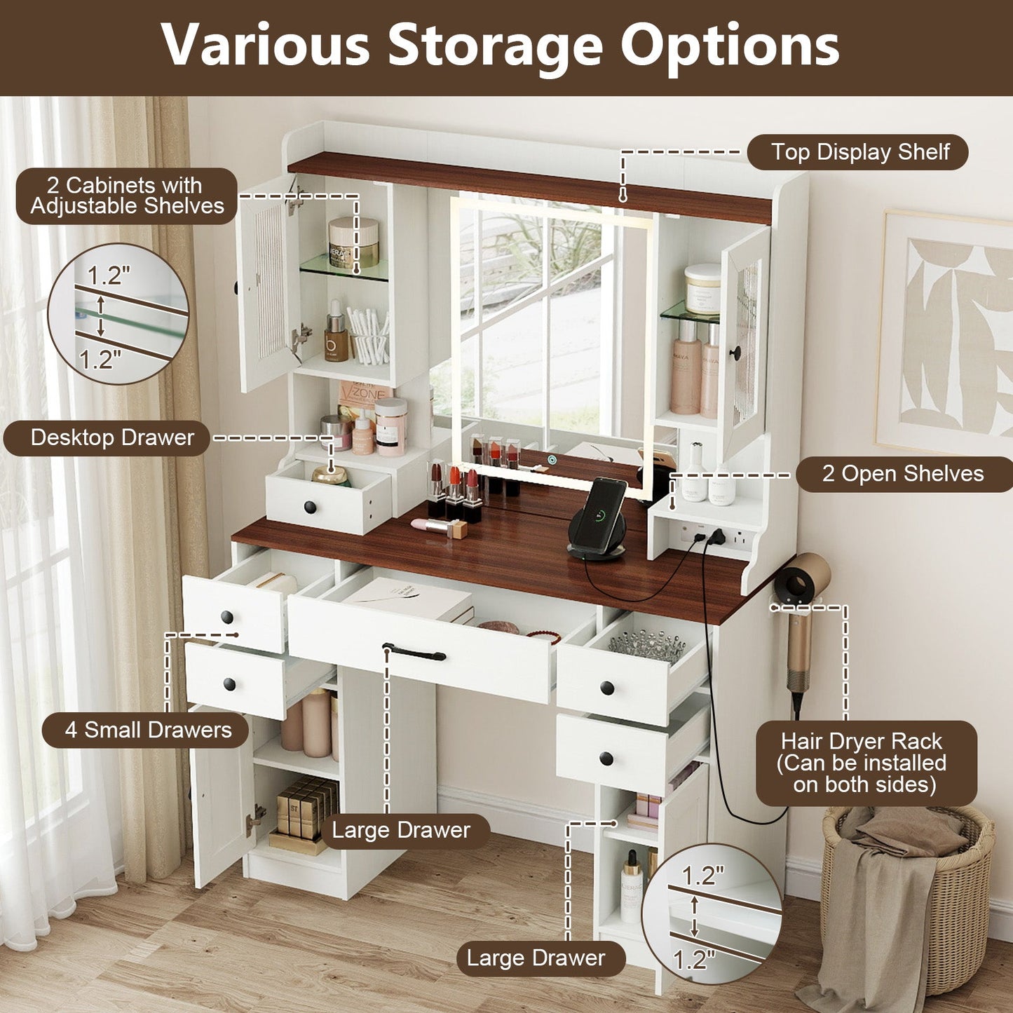 41.5 Inch Makeup Dressing Table with Power Outlets and 3 Color Lighting Modes-White+