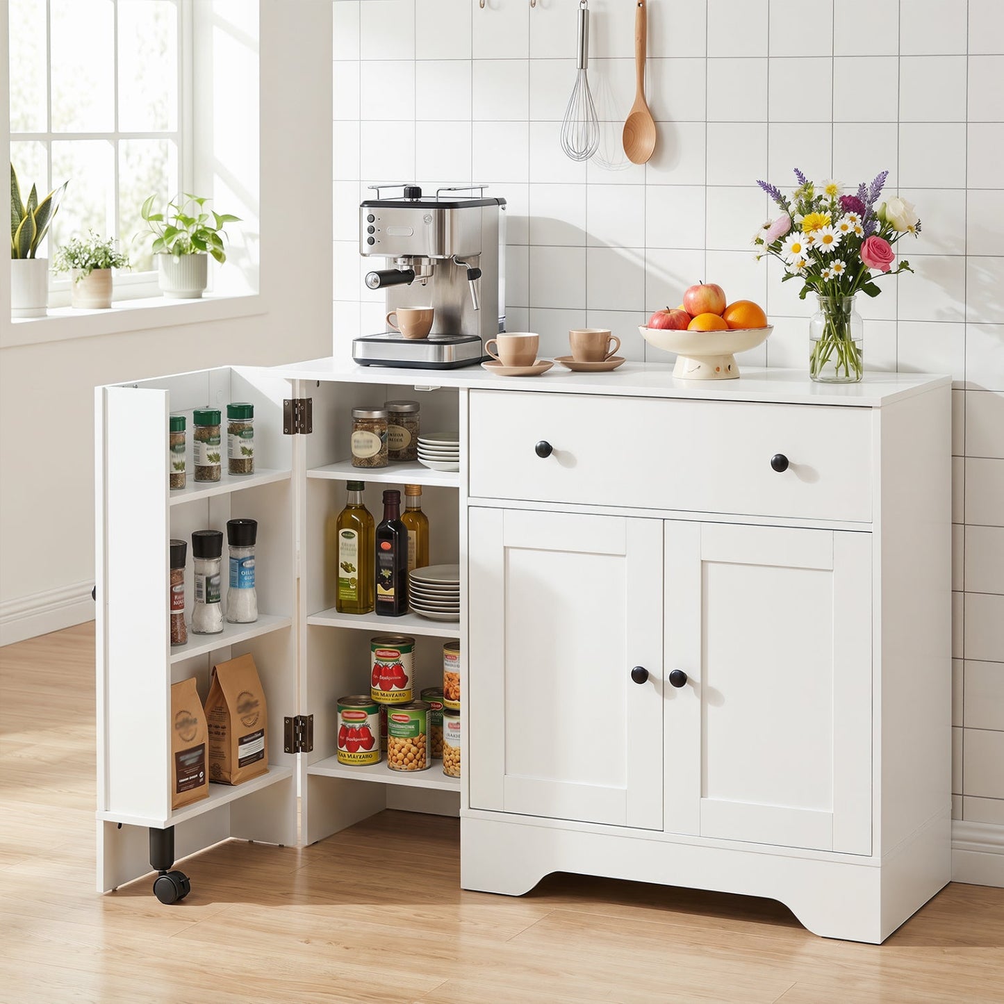 Coffee bar cabinet with rolling wheels, white 3-door storage cabinet by DirectDeals on Tampa Home & Garden Store