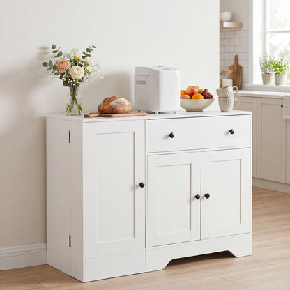 White coffee bar cabinet on wheels with 3 doors and drawers DirectDeals storage unit in kitchen on Tampa Home & Garden Store
