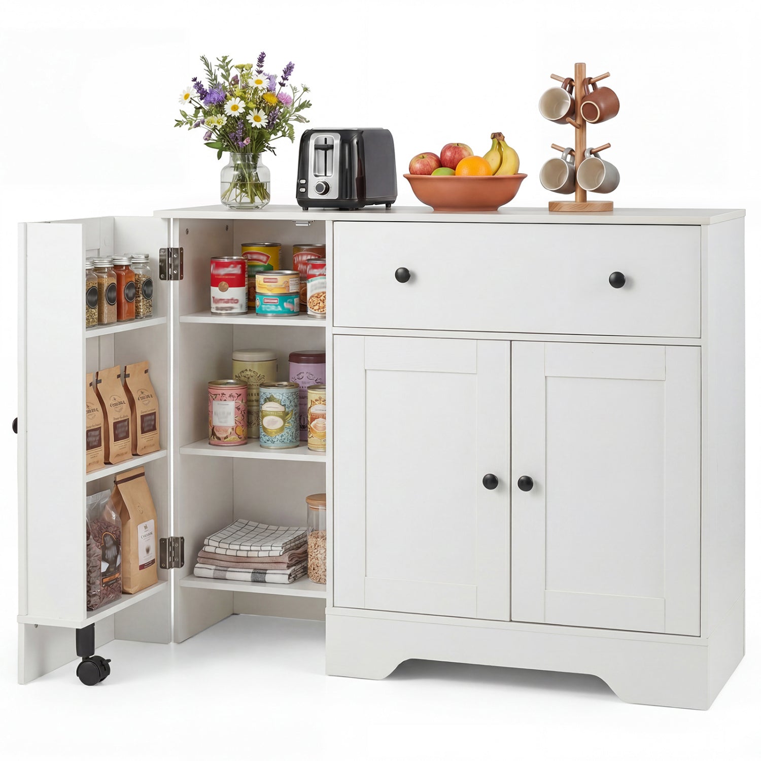 Coffee Bar Cabinet white finish with rolling wheels and 3 doors on Tampa Home & Garden Store
